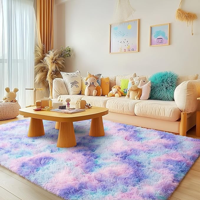 2x6 Fluffy Runner Rug - Non Slip Blue Rainbow Tie-dye Rug for Living Room - Cute Indoor Floor Rug for Girls Room