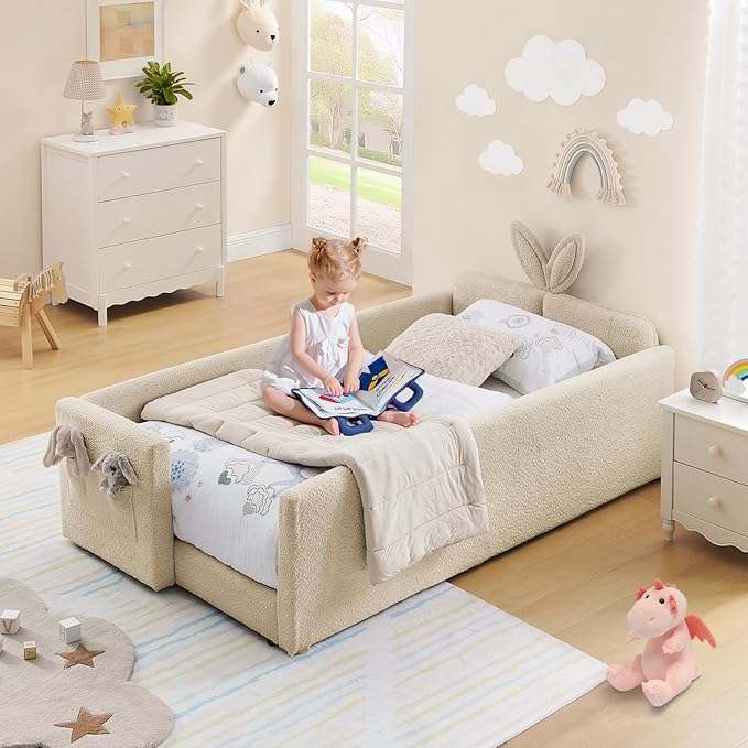 Twin Size Kids Bed with Rabbit Ear Headboard, Upholstered Boucle Fabric Twin Daybed with Slats Support & Side Pockets, Space-Saving Wooden Corner Sofa Couch Bed Frame, for Girls, Boys, Teenager(Camel)