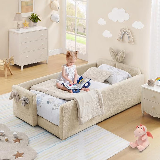 Twin Size Kids Bed with Rabbit Ear Headboard, Upholstered Boucle Fabric Twin Daybed with Slats Support & Side Pockets, Space-Saving Wooden Corner Sofa Couch Bed Frame, for Girls, Boys, Teenager(Camel)