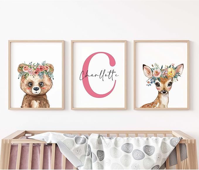 Personalized Flower Woodland Animals for Baby Girl Nursery Bedroom Unframed Poster Prints, Customized Name Cute Animals Wall Art Decor New Baby Girl Gift Present Bear Deer Bunny (11x14, 3 Prints)