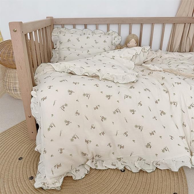 AOJIM Baby Kids Muslin Duvet Cover with Grey Rabbit, 1pc Pure Cotton Kids Bedding Comforter Cover 2-Layer Gauze 47X59'', Ruffled Design Baby Duvet Protector for Girls Boys, No Quilt or Pillowcases