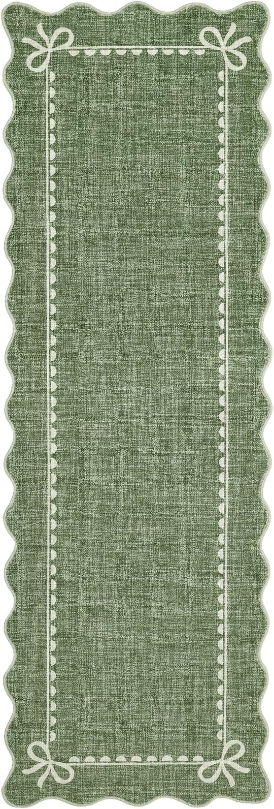 GarveeHome Scalloped Bow Rug for Living Room, Solid Green Rug for Dorm, Washable Runner Rug 2x6 Soft Low Pile Non Slip Scalloped Rugs for Nursery Bedroom Decor Hallway Entryway Playroom