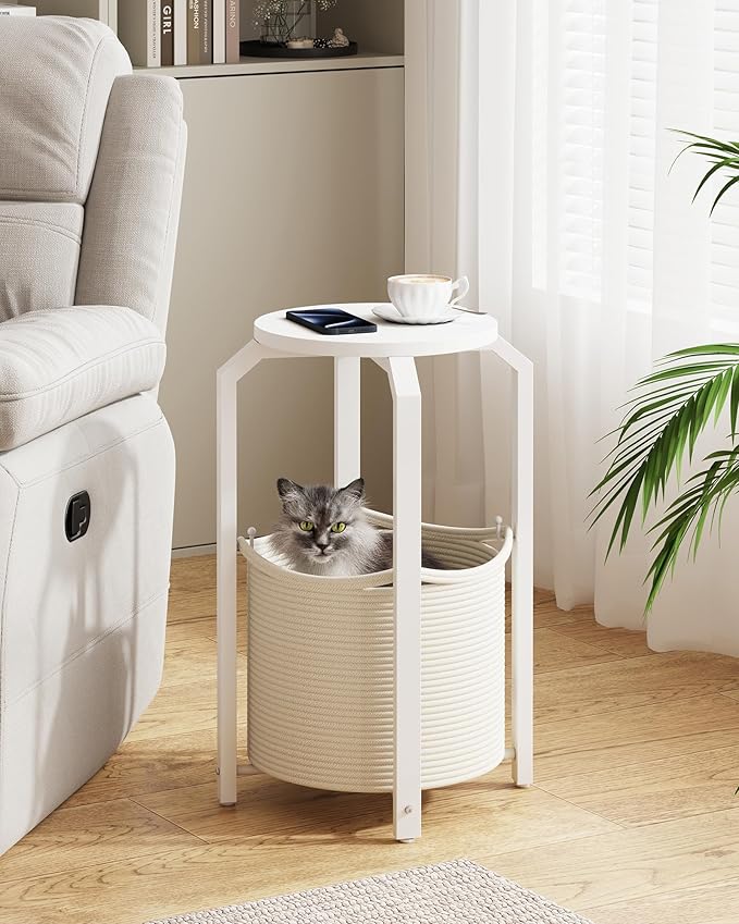 TUTOTAK Small Side Table, Round End Table, Night Stand, Bedside Table, Set of 2, Sofa Table with Storage Basket, Living Room, Bed Room, White TB01BW0922
