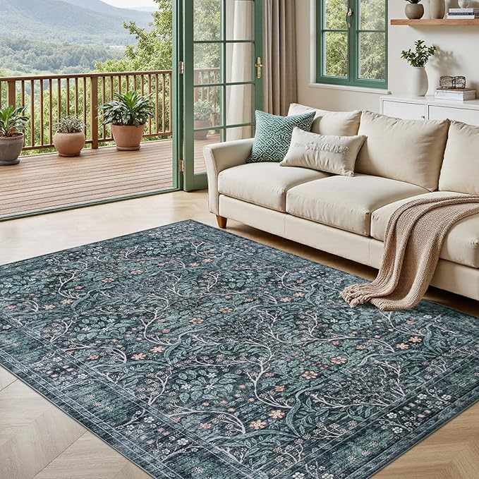 Washable Rug 5x7 Area Rug,Retro Green Living Room Rug for Entryway Bedroom Farmhouse Nursery Home Office，Low Pile Stain & Slip Resistant Large Carpet for Bedroom