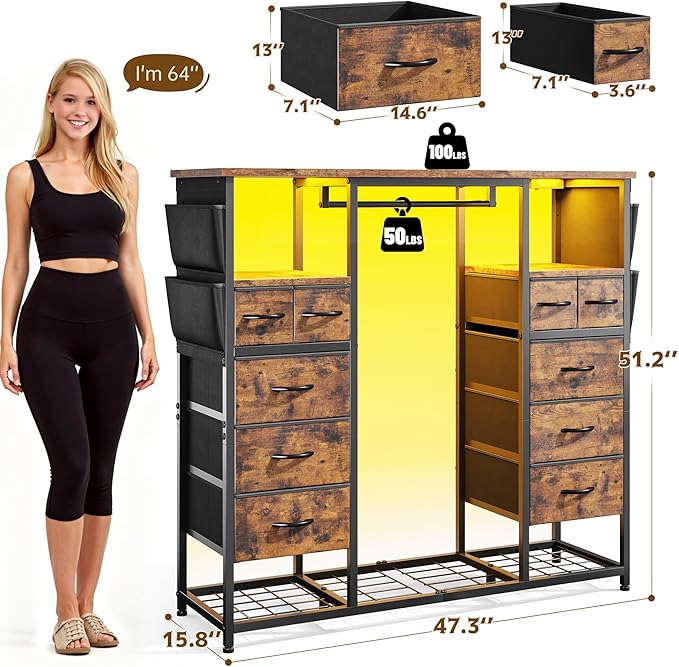 51.2" H Dresser with Hanging Rack, 10 Drawers Dresser for Bedroom, Fabric Chest of Drawers with LED Lights & Charging Station, Wooden Top & Sturdy Frame, Brown