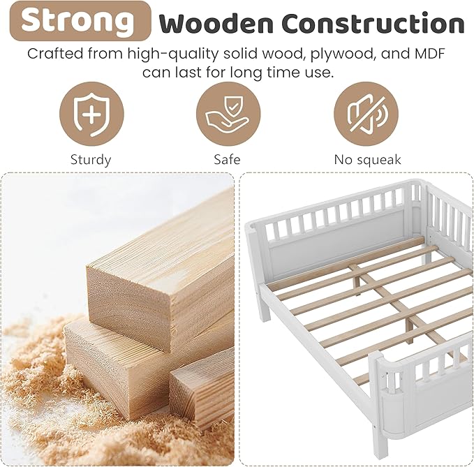 Full Size Kids Bed Frame with Rails, Wood Montessori Bed Full with 2 Storage Drawers &Slats Support, Modern Daybed with Removable Bed Rails for Girls Boys Bedroom Living Room, White
