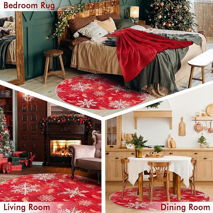4' Machine Washable Christmas Round Area Rug, Non-Slip Vintage Floral Circle Floor Rugs for Kids, Low Pile Room Carpet for Living Room, Bedroom, Dining Room & Nursery(4' Snowflake)
