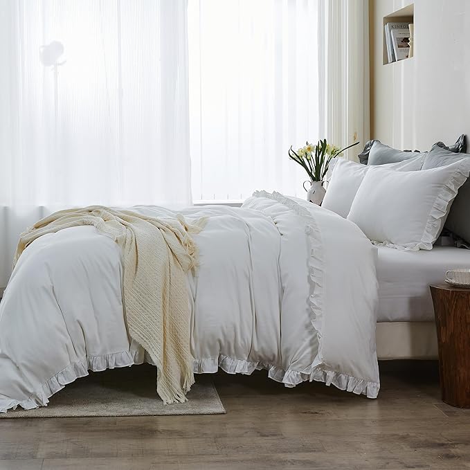 Simple&Opulence Kids 100% Organic Cotton Twin Duvet Cover Ruffle 2Pcs(1 Comforter Cover 1 Pillowcase) Cute Lace Vintage Boho Shabby Chic Farmhouse Bedding Set Teen Girls(White, Twin)