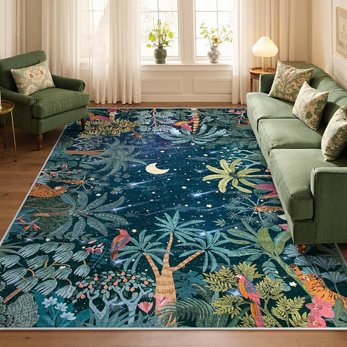 Lahome Midnight Jungle Green Rug, Washable Rugs 5x7 for Bedroom Aesthetic, Soft Animal Print Office Area Rug Botanical Stain Resistant Non Slip Dining Room Carpet for Under Table Living Room