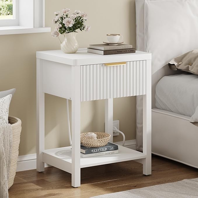 Lulive Night Stand Set 2, Fluted Nightstand with Charging Station, Wood Modern Bedside End Table with Storage Drawer for Bedroom, Save Space (Set of 2, White)