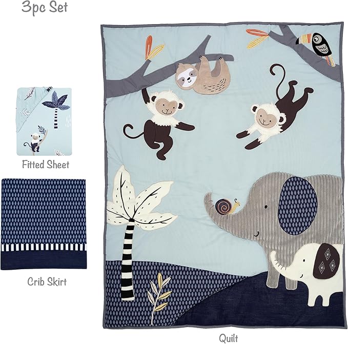 Lambs & Ivy Jungle Party 3-Piece Elephant/Monkey Baby Crib Bedding Set