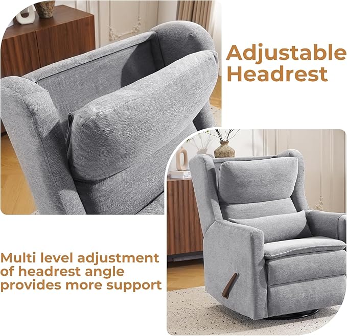 Swivel Rocker Recliner Chair,Comfy Glider Rocker Recliner with Adjustable Headrest,Rocking Chair Nursery for Living Room & Bedroom,Chenille,Grey