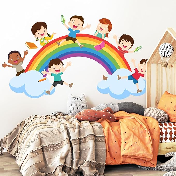 Watercolor Rainbow Wall Decals Educational Wall Stickers for Kids Room, Large Rainbow Cloud Wall Decor Students Reading Art Murals Peel and Stick Decorations for Nursery Classroom