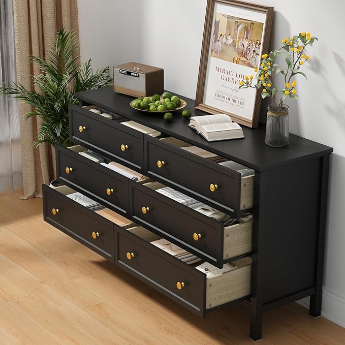 CARPETNAL Black Dresser for Bedroom, 6 Drawer Dresser with Wide Drawer and Metal Handles, 55" Black and Gold Wood Dressers & Chests of Drawers for Hallway, Entryway.