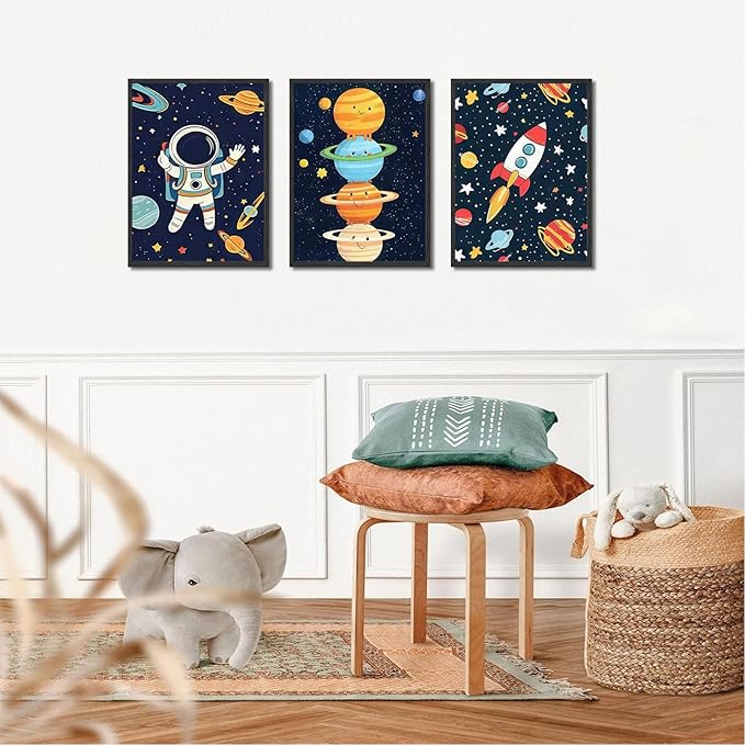 3Pcs Space Nursery Wall Art Whimsical Outer Space Astronauts Kid Decor Pictures Rocket Planet Posters Prints for Boys Room Girls Room Kids Room Decoration Unframed