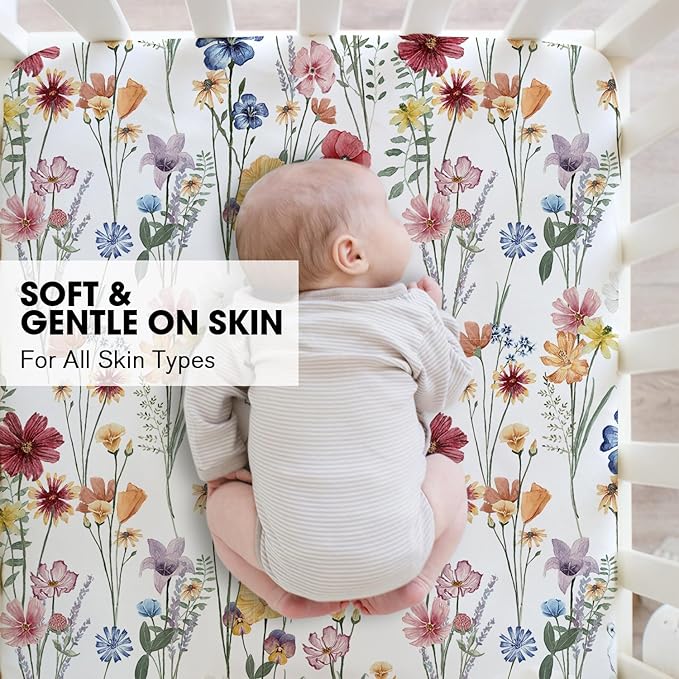 Little Grape Land Pack and Play Sheets Mini Crib Sheets Soft Breathable Pack N Play Sheets, Playard Fitted Sheet 2 Pack Stretchy Fits 38"x26" Playard Mattress, Spring Flower