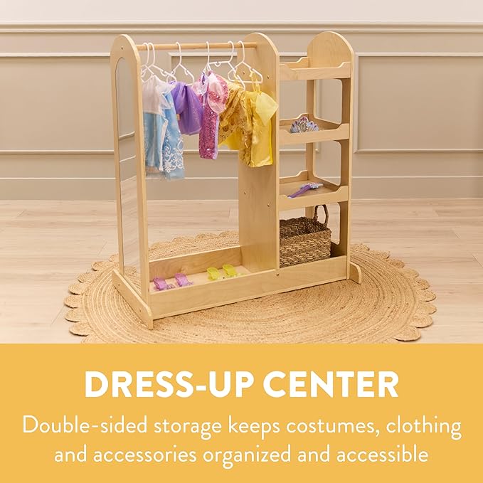 Double-Sided Dress-Up Center with Mirror, Clothes Rack, Natural