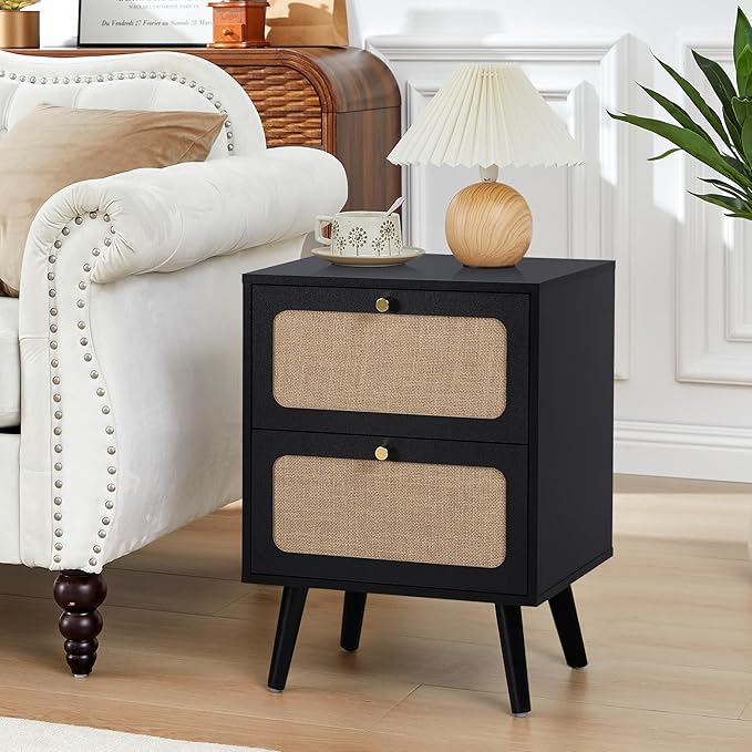 16" Wood Nightstand Set of 2, Farmhouse End Table with 2 Storage Drawer, Modern Bedside Table with Linen Decor, Minimalist Night Stand for Living Room, Bedroom & Small Space (Black)