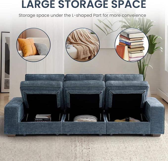 TEKAMON 73" Modular Sofa Couch with Seat Storage, Comfy 2-Seater Chenille Fabric Loveseat Sofa for Living Room, Office, Apartment W/Deep Seat, Wide Armrest,Pockets, USB Charging Removable Cover(Blue)