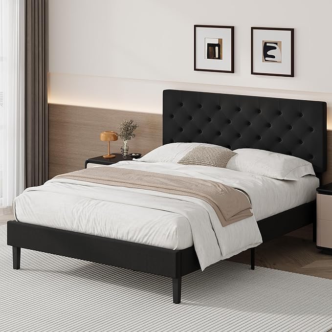 BarnFurin Queen Bed Frame, Upholstered Platform Bed with Button Tufted Headboard, Fabric Bed Frame with Wooden Slats Support, No Box Spring Required, Easy Assembly, Black