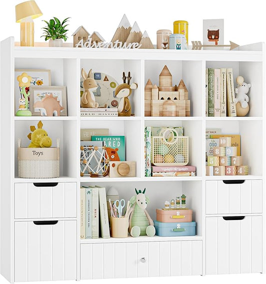 HITHOS 48" W Toy Storage Organizer, Large Kids Bookshelf with Rolling Toy Chest, Toy Organizer with Storage Bins, Book Shelf for Kids Room, Playroom Toy Box with 9 Open Cubbies for Boys/Girls, White
