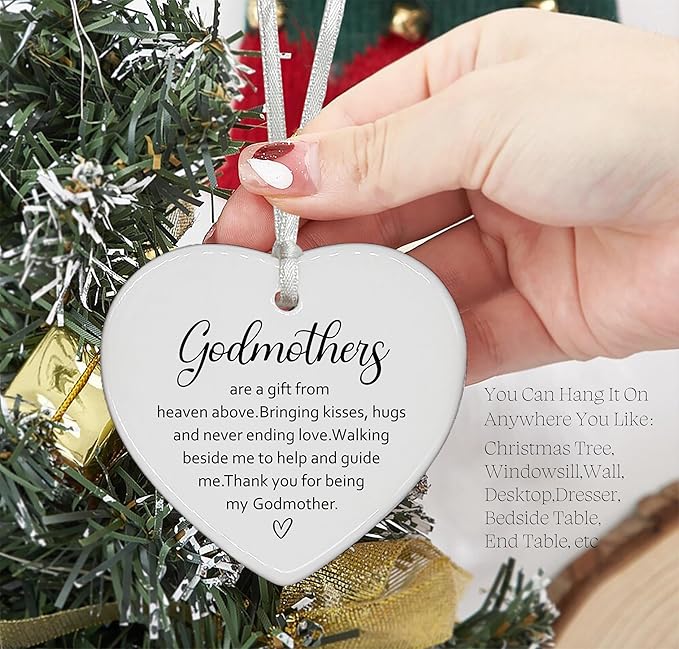 Heart Shaped Christmas Ornament-Godmother Proposal Gift for Mother’s Day Christening Baptism First Time Godmom to Be Pregnancy Announcement Appreciation Keepsake