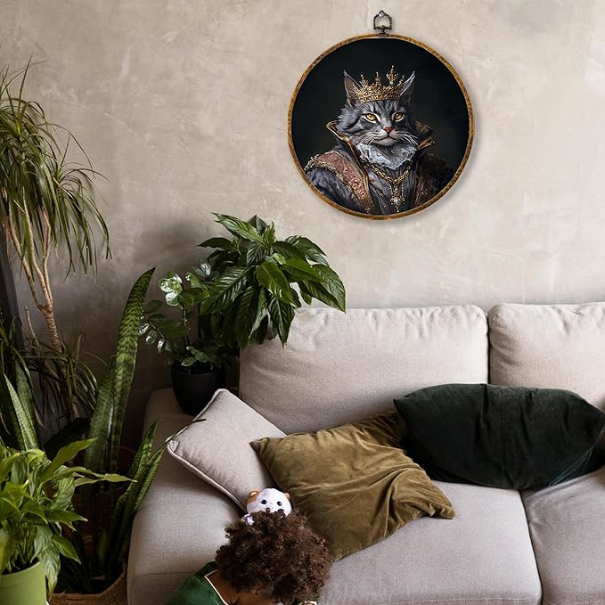 Hiuwevt Cat Renaissance Style Round Wall Art Decor, Cat Mom Lovers Gifts for Women Framed Canvas Prints, King Kitten Round Wall Hanging Decor for Bedroom Home Decorations, 10x10 Inches