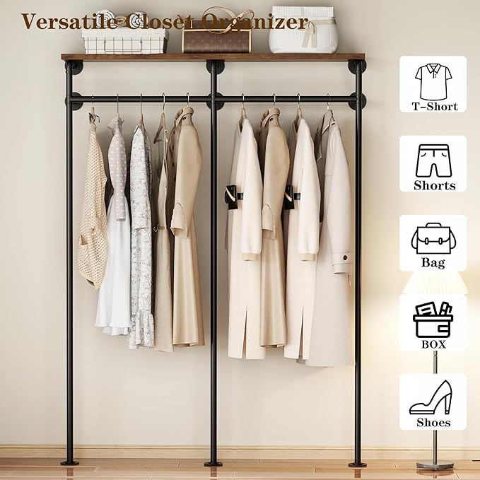 Industrial Pipe Clothes Rack, Wall Mounted Clothing Rack with Shelves, Heavy Duty Closet Organizers Wardrobe Multi-Purpose Storage Clothes Hanging Shelf-59''L Black
