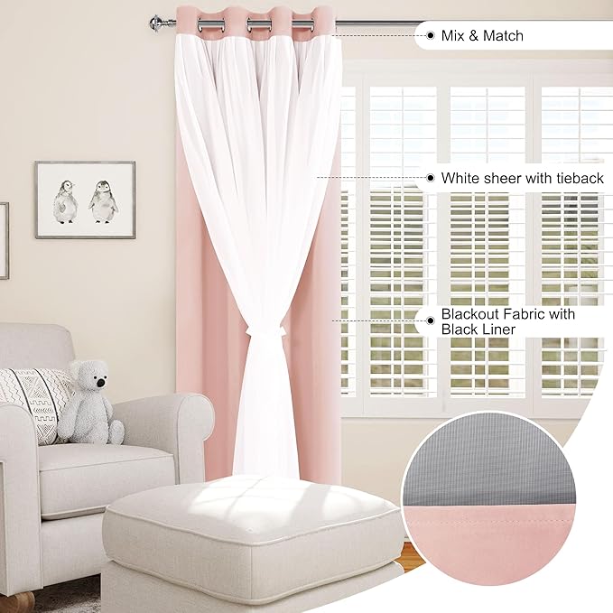 XWZO 100% Blackout Double Layer Curtains for Nursery, Blackout Curtains with Sheer Overlay for Girls Bedroom, Grommet Thermal Insulated Privacy Curtains with Tiebacks, 2 Panels, 52x96, Blush