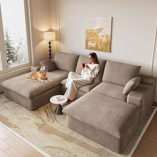 107" Cloud Modular Sectional Sofa with 1 Ottoman, Modern Upholstered Corduroy Couches, Comfort U Shaped Sofa for Living Room, Deep Seat Boneless Couch, No Assembly Required(Camel,Left Facing Chaise)