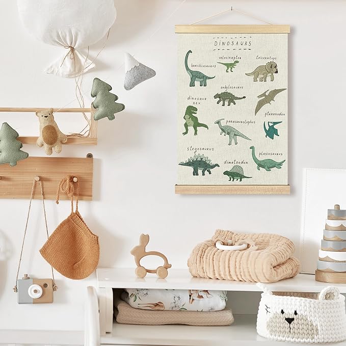 BCUANGD Dinosaur Dino Wall Decor - Baby Toddler Boys Room Wall Art Poster Hanger with Wood Frames, Inspirational Wall Hanging Canvas Decor for Kids Room Nursery Bedroom, 16x24 Inches