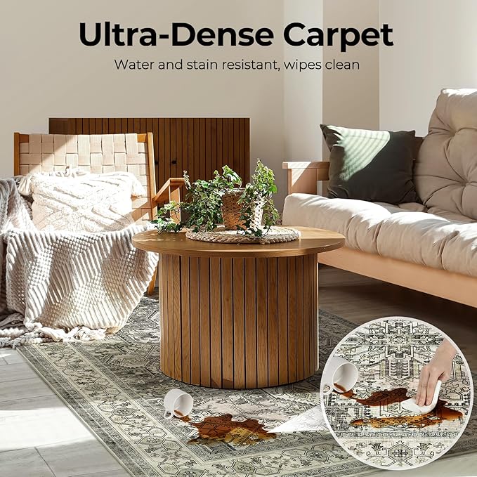 WITSHOCK Living Room Area Rugs 3x5: Washable Rug Boho Soft Non-Slip Low Pile Stain Resistant Foldable Carpet for Bedroom Playroom Dining Room Office Kitchen Farmhouse Home Decor Rug-Brown/Lvory