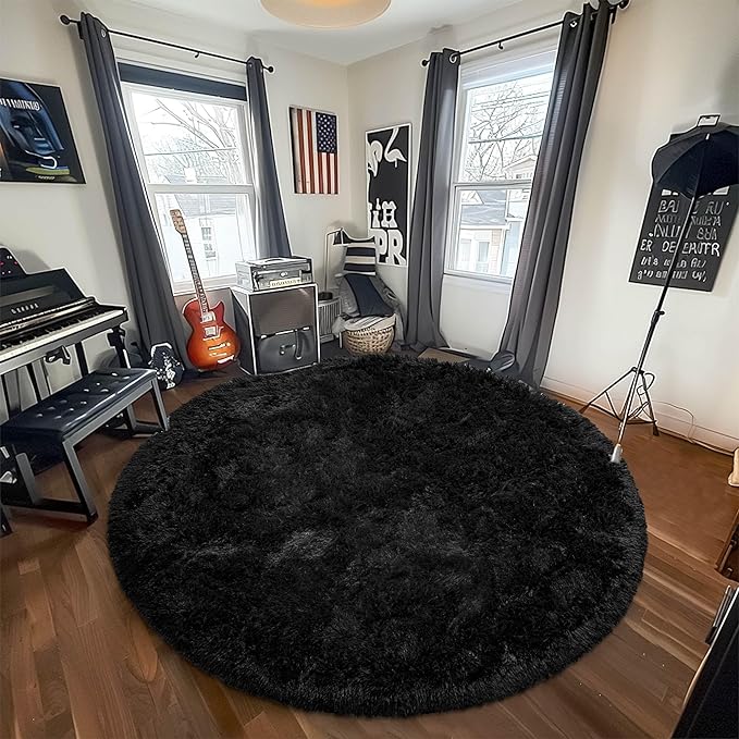 Round Fluffy Circle Rug 6FT Black - Super Soft Shaggy Plush Fuzzy Furry Carpet for Boys Girls Kids Room