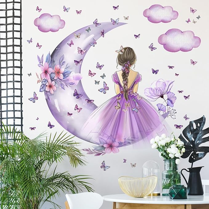 2 Sheets Purple Butterfly Girl Wall Decal - Removable DIY Moon Cloud Wall Decal Vinyl Purple Flower Princess Room Art for Girls Baby Nursery Bedroom Living Room Bathroom Classroom Decor