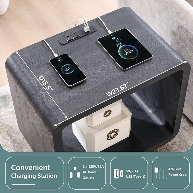 23.6" Modern End Table, 2 Tier Side Table with Charging Station, Simple Bedside Table with Open Storage Shelf, Outlet, Wooden Nightstand for Bedroom, Living Room, Study, Easy Assembly, Dark Grey