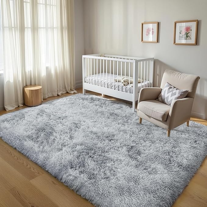 Thick Area Rug Light Grey Shag Fluffy 5x8 for Bedroom Living Room Soft Plush Washable Fuzzy Carpet for Kids Baby Nursery Non Slip Cozy Furry Shaggy Rugs for Dorm Tie-Dye Gray