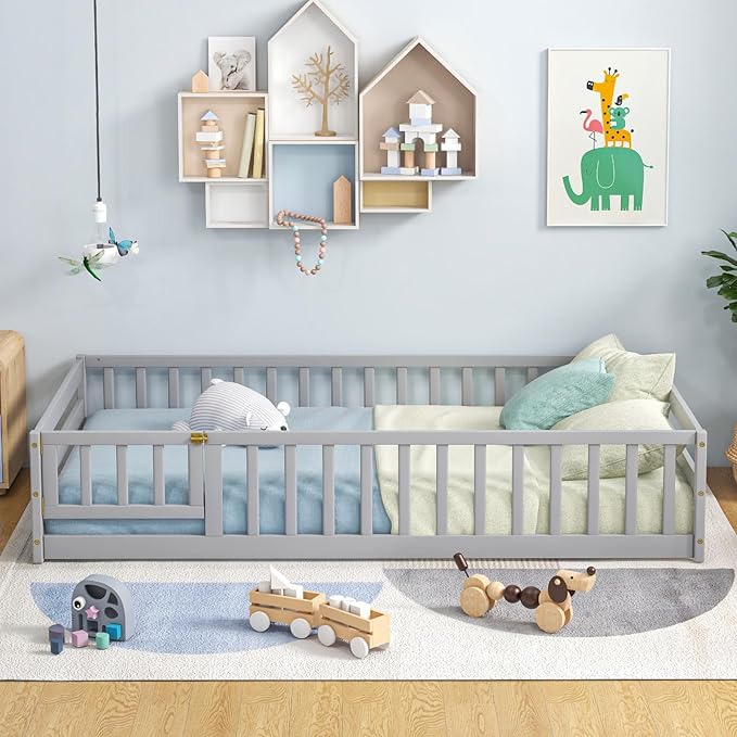 Giantex Twin Floor Bed with Door & Fence, Kids Wood Montessori Beds with Safety Guardrails, Floor Bed Frame for Kids, Boys, Girls, No Box Spring Needed, Floor Bed Twin (Grey)