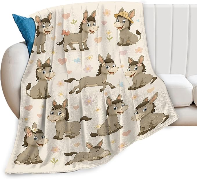Cute Donkey Throw Blanket Funny Animal Donkey Blanket Soft Cozy Fleece Fuzzy Plush Warm Stuff Bedding Nursery Toddler Baby Blankets Gifts for Boys Girls Kids Adult Men Women 50"X60"