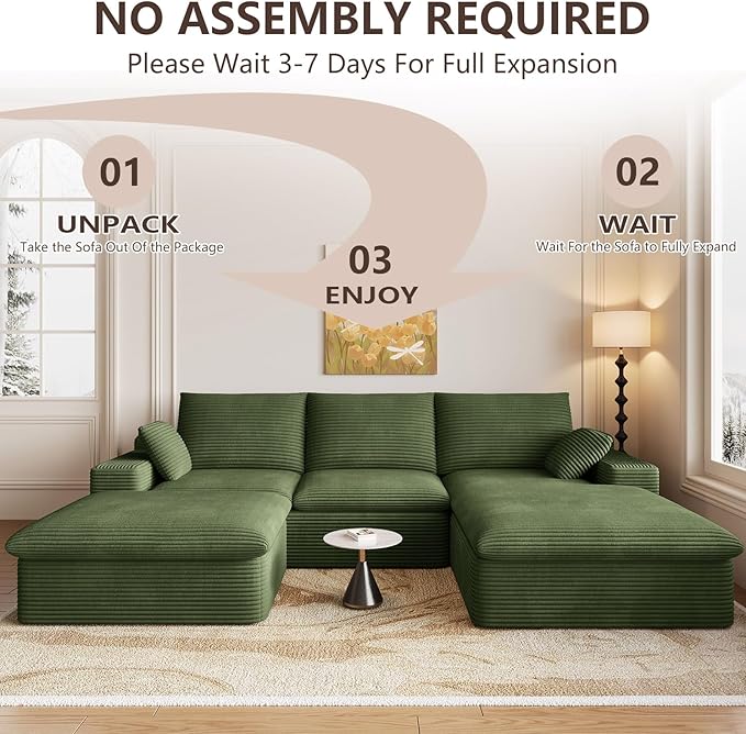 107" Cloud Modular Sectional Sofa with 1 Ottoman, Deep Seat Boneless Couch, Modern Upholstered Corduroy Couches, Comfort U Shaped Sofa for Living Room, No Assembly Required(Green,Right Facing Chaise)