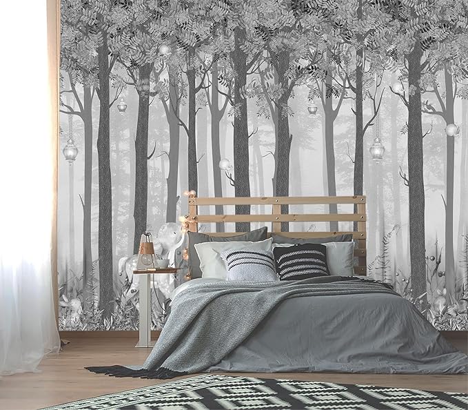 XMPMBM-Grey Cartoon Tree Nursery Room Fabric Wallpaper Misty Forest Wall Mural-W 88" X H 59"（36 Square Foot）