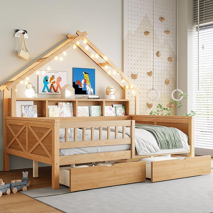 Merax Full Size House Platform Bed with Storage Drawers, Full Toddler Bed with LED Light and Guardrail, Sturdy Wood Frame Support, House Platform Bed with Roof Design for Kids, No Box Spring,Natural