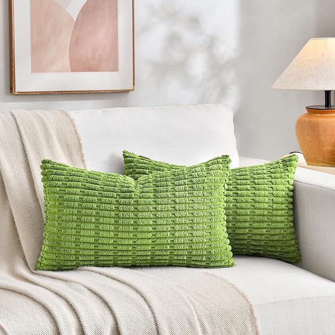 Fancy Homi 2 Packs Boho Lime Green Decorative Throw Pillow Covers 12x20 Inch for Couch Bed Sofa, Rustic Modern Farmhouse Home Decor, Soft Plush Corduroy Cute Rectangle Cushion Case 30x50 cm
