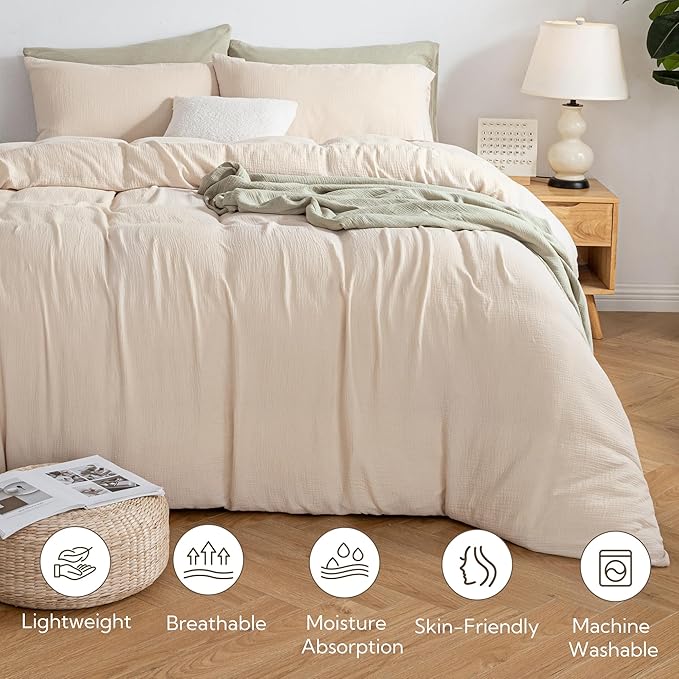 MILDLY Muslin Duvet Cover Full - 100% Washed Cotton Linen Like Gauze Comforter Cover 3 Pieces Breathable & Lightweight for All Season