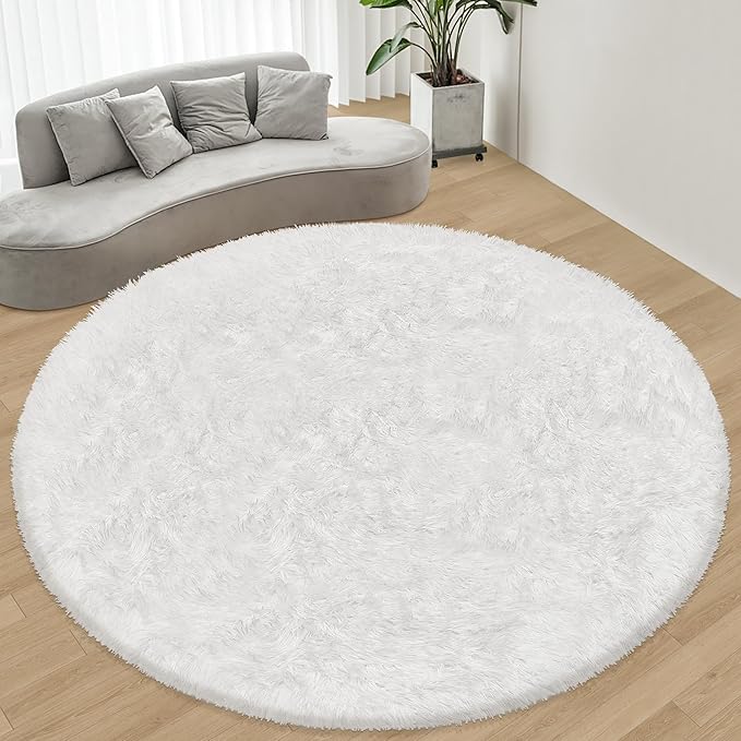 8 ft Round Fluffy Large White Rug for bedroom,Tie Dyed Furry Round Carpet Non Slip Fuzzy Shaggy Plush Circle Big Area Rug for living room Room Nursery Room Playroom Kids Room Home Decor Washable