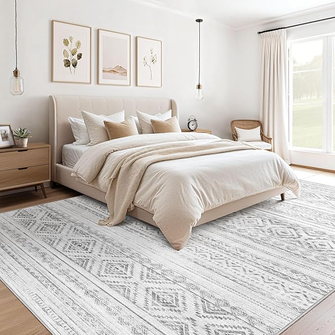 Area Rugs for Living Room Washable Living Room Rug Soft Neutral Indoor Floor Carpet Non-Slip Stain Resistant Modern Boho Rugs for Bedroom Dining Room Kids Room Nursery Office Home Light Grey
