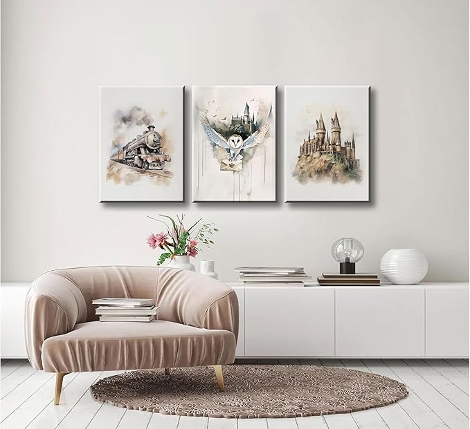 3pcs Magic Nursery Canvas Wall Art Express Train Owl Magic Castle Painting Picture Wall Decor Neutral Watercolor Poster Print Artwork For Kids' Baby Nursery Living Room Decoration Framed