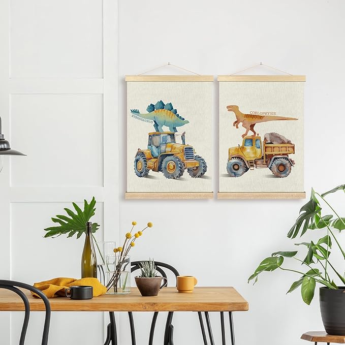 BCUANGD Dinosaur and Construction Truck Wall Decor - Dino Poster Hanger with Wood Frames Set of 2, Kids Car Vehicles Wall Hanging Canvas Decor for Kids Room Nursery Playroom, 12x16 Inches 482