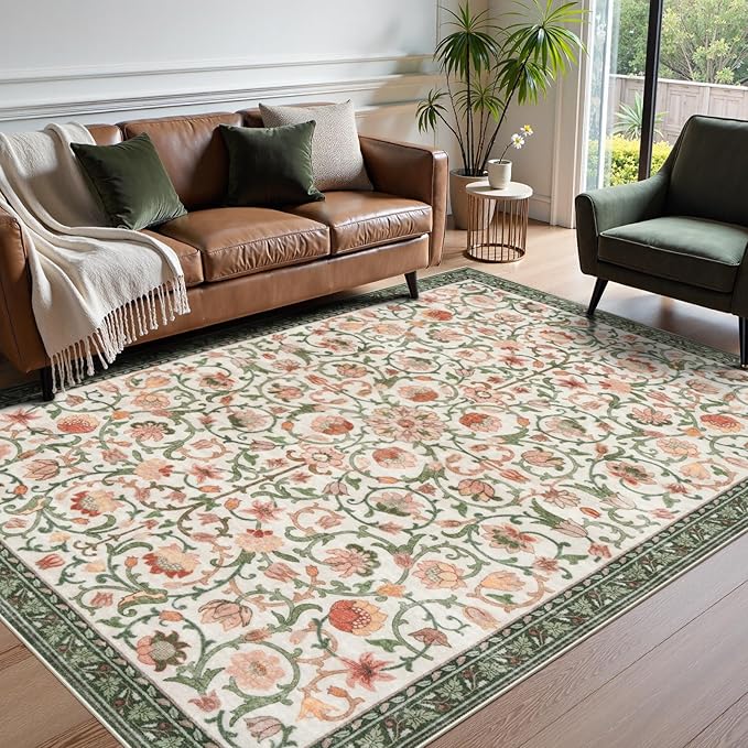 Anidaroel Floral Area Rug 8x10, Washable Large Living Room Rugs, Non Slip Soft Boho Bedroom Rug Under Bed, Vintage Dining Room Rugs Under Table for Nursery Farmhouse, Beige