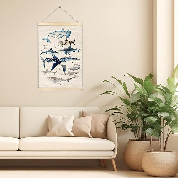 Ecezatik Species of Sharks Wall Art with Wooden Poster Hanger, Shark Posters, Beach Room Decor, Ocean Room Decor, Shark Wall Art Decor for for Classroom Nursery Kids Room Playroom, 16x24 Inch
