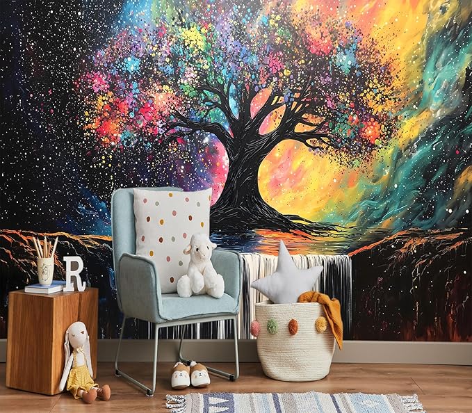 XMPMBM-Tree of Life Forest backsplash Large Decorative Wallpaper Colorful Graffiti Tree Waterfall Bedroom Bathroom Wall Mural- W 88" X H 59"（36 Square Foot）
